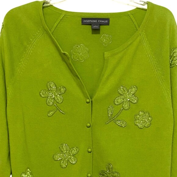 Vintage Beaded Womens Cardigan L Green Preppy Floral Spring Fall Mature Flaws - Picture 2 of 6